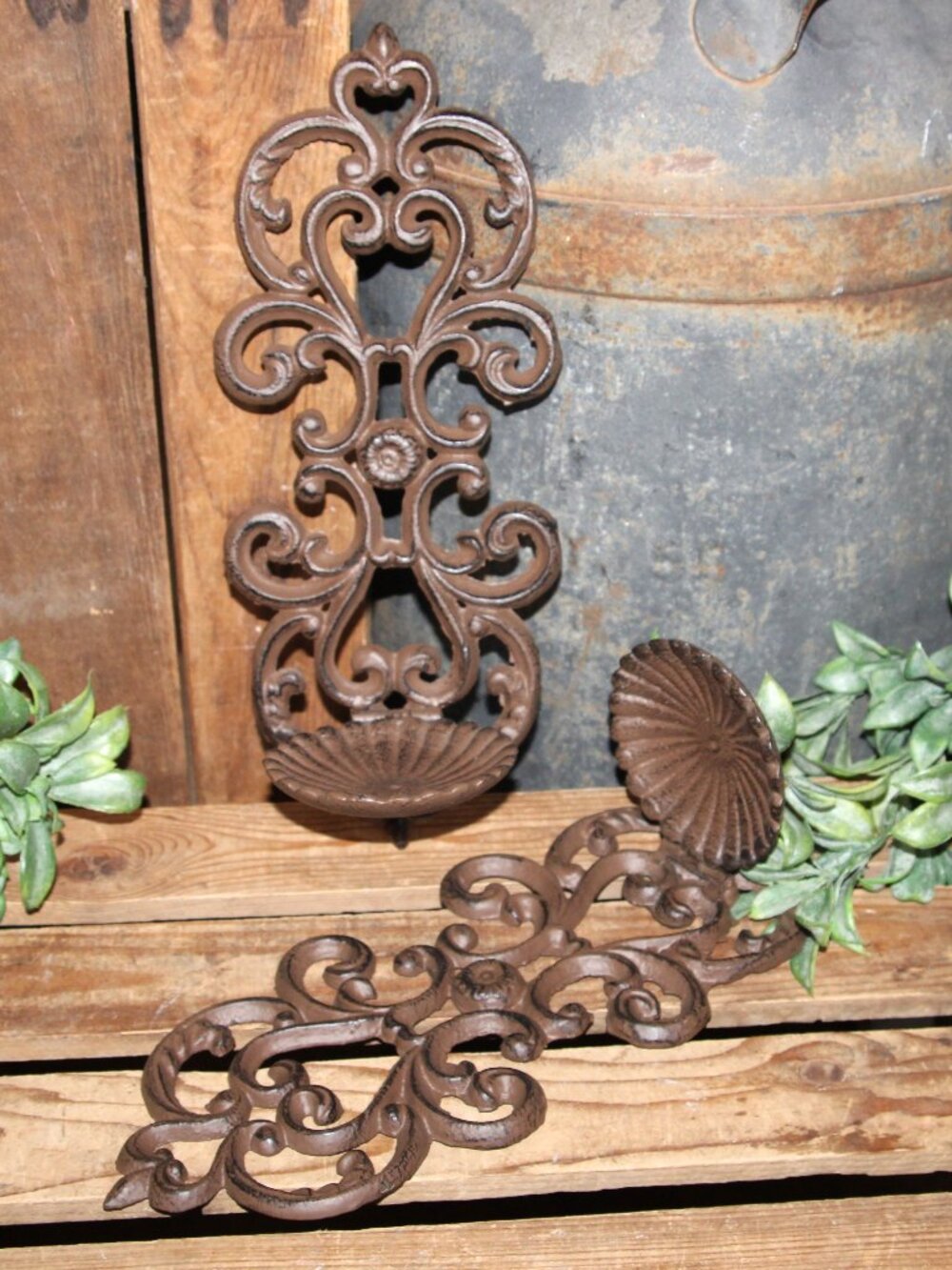 Ornate Rustic French Country Farmhouse Cast Iron Wall Decor Candle Holders